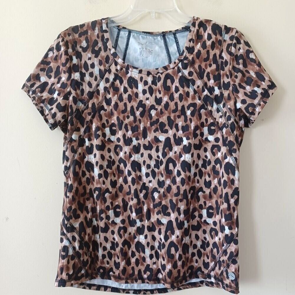 Gottex Lg Workout Tee Round Neck Short Sleeve Animal Leopard Print Fitted Gym